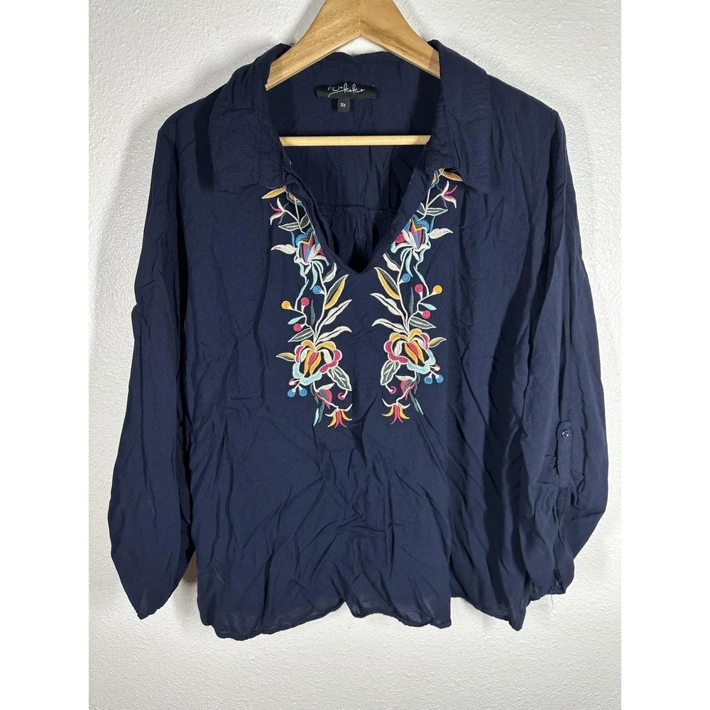 RD Koko Blouse Womens 3X Navy Embroidered Floral Collared Boho Tunic Top‎